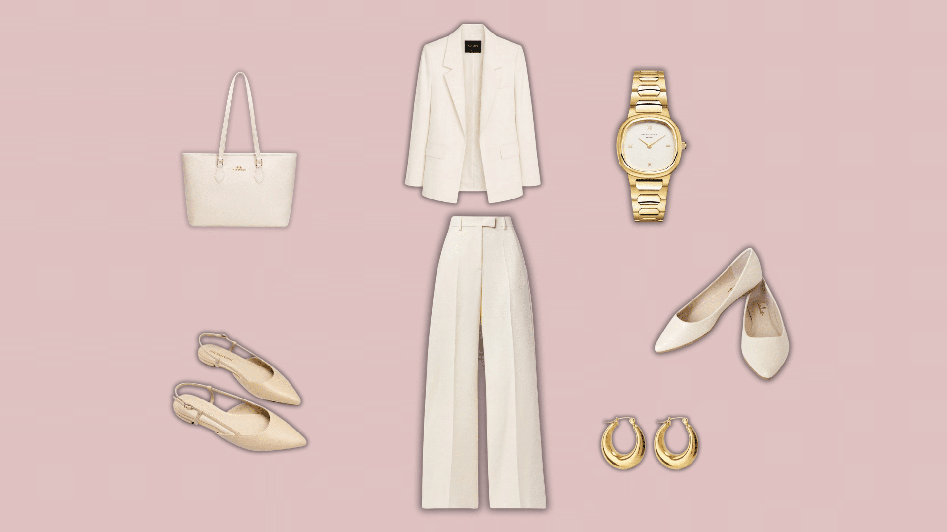 white blazer and trousers set with gold watch flats and earrings