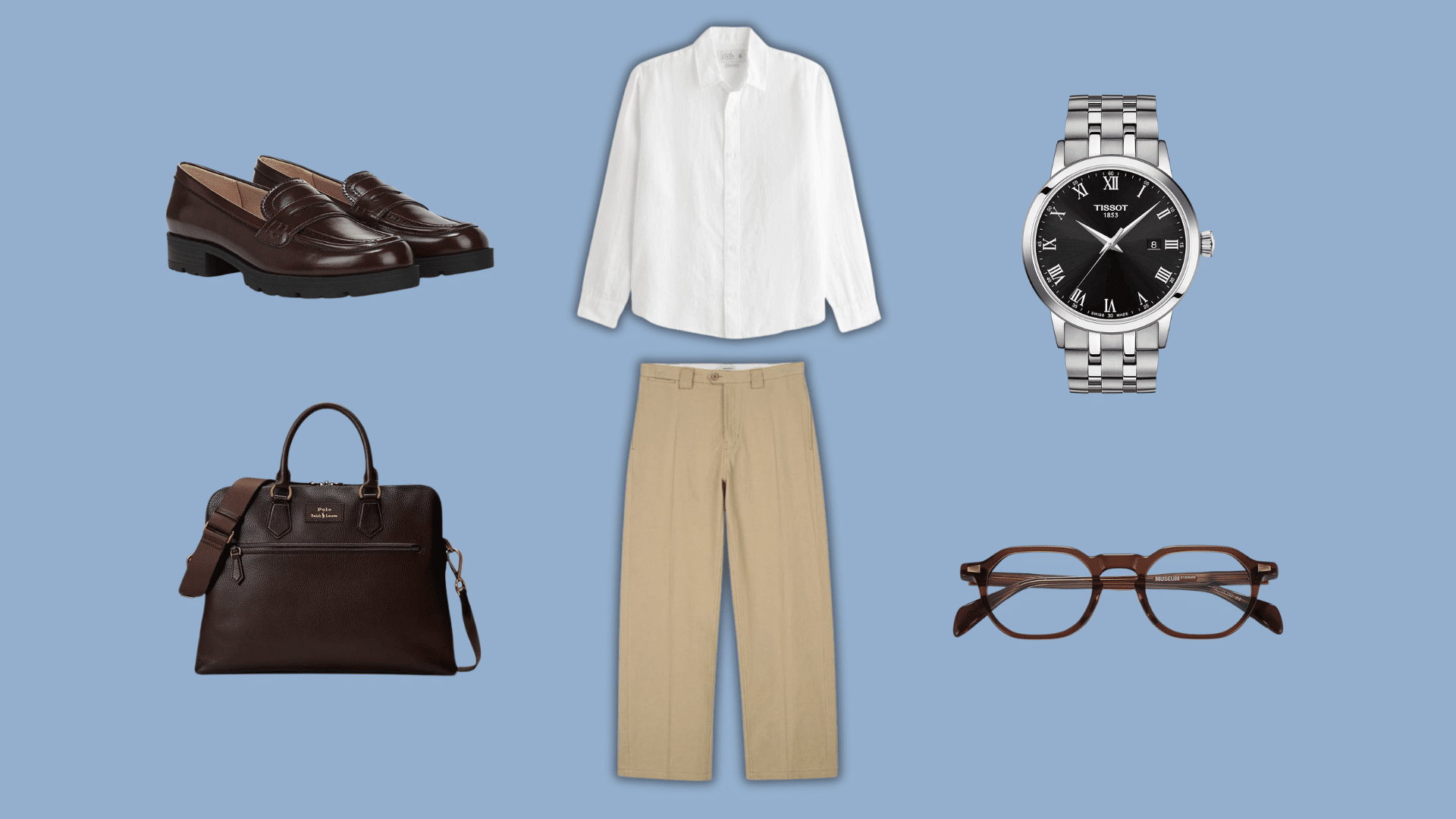 white button down shirt with khaki pants brown loafers belt watch and bag for a classic office look