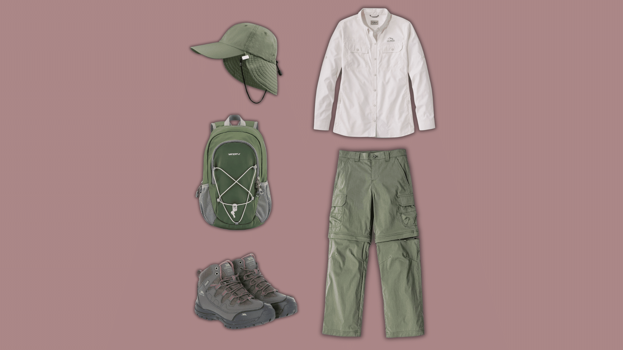 white hiking shirt and green cargo pants with trail gear