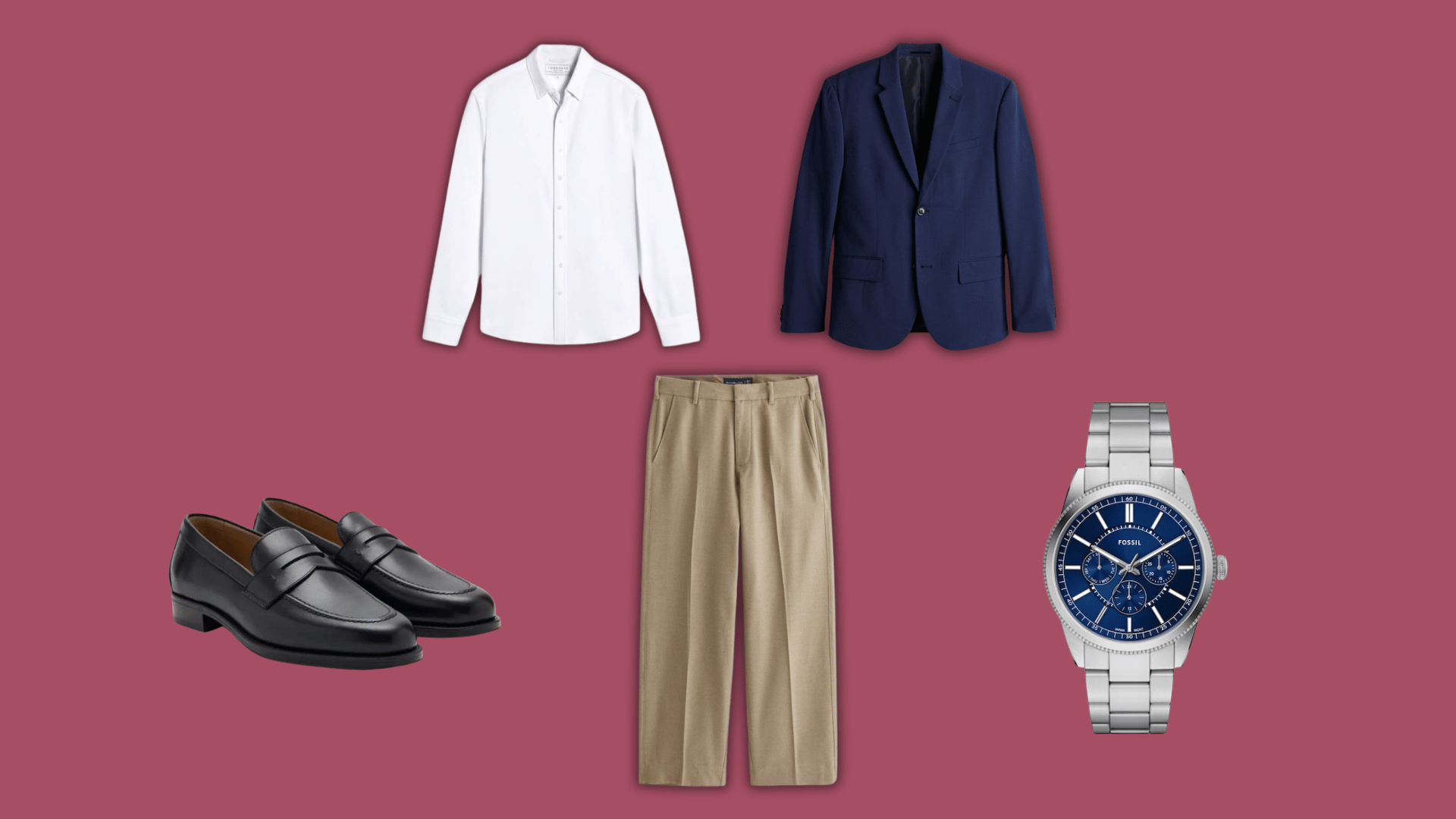 white shirt navy blazer khaki pants black loafers and watch for a dressed up dinner outfit