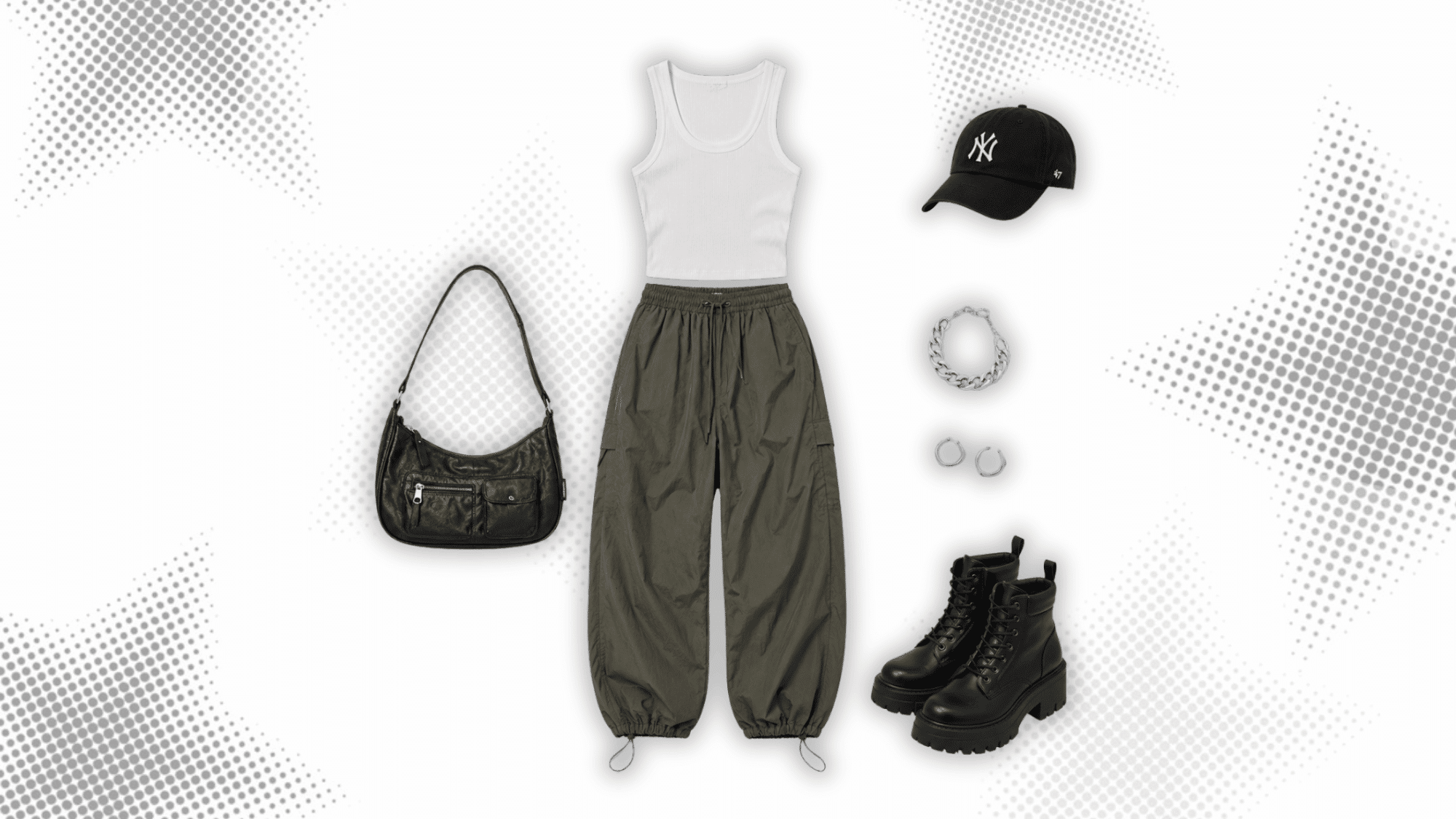white cropped tank paired with olive parachute pants black combat boots shoulder bag cap and silver jewelry for a street style outfit