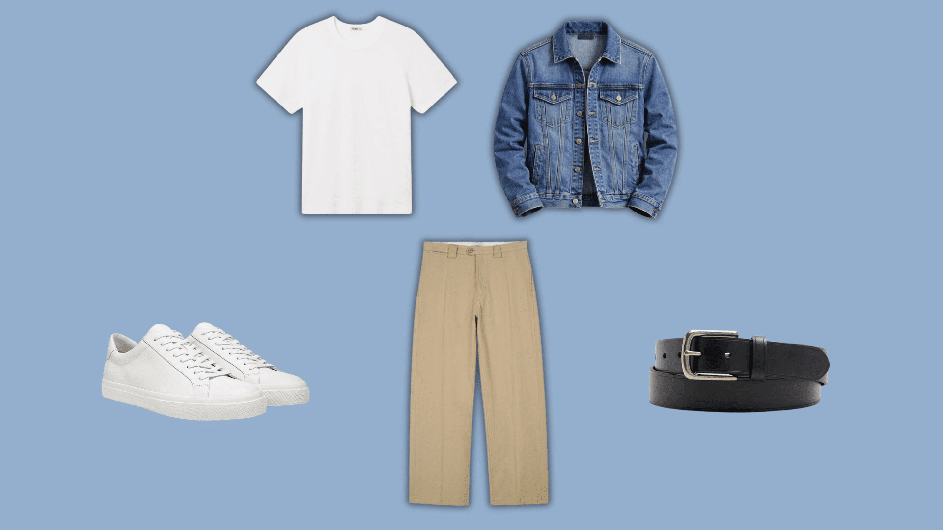 white tee denim jacket khaki pants white sneakers and belt for a layered casual outfit