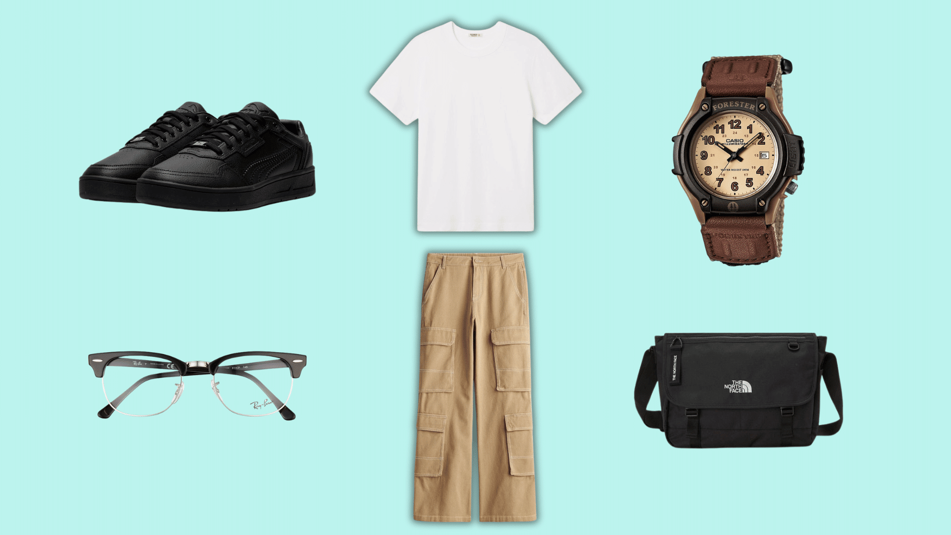 white tee with khaki cargo pants black sneakers watch glasses and bag for a streetwear inspired outfit