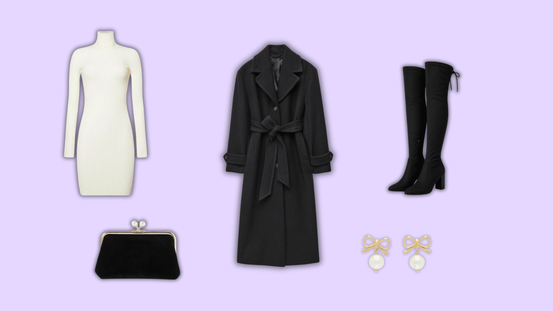 white turtleneck dress with black coat knee boots and pearl earrings
