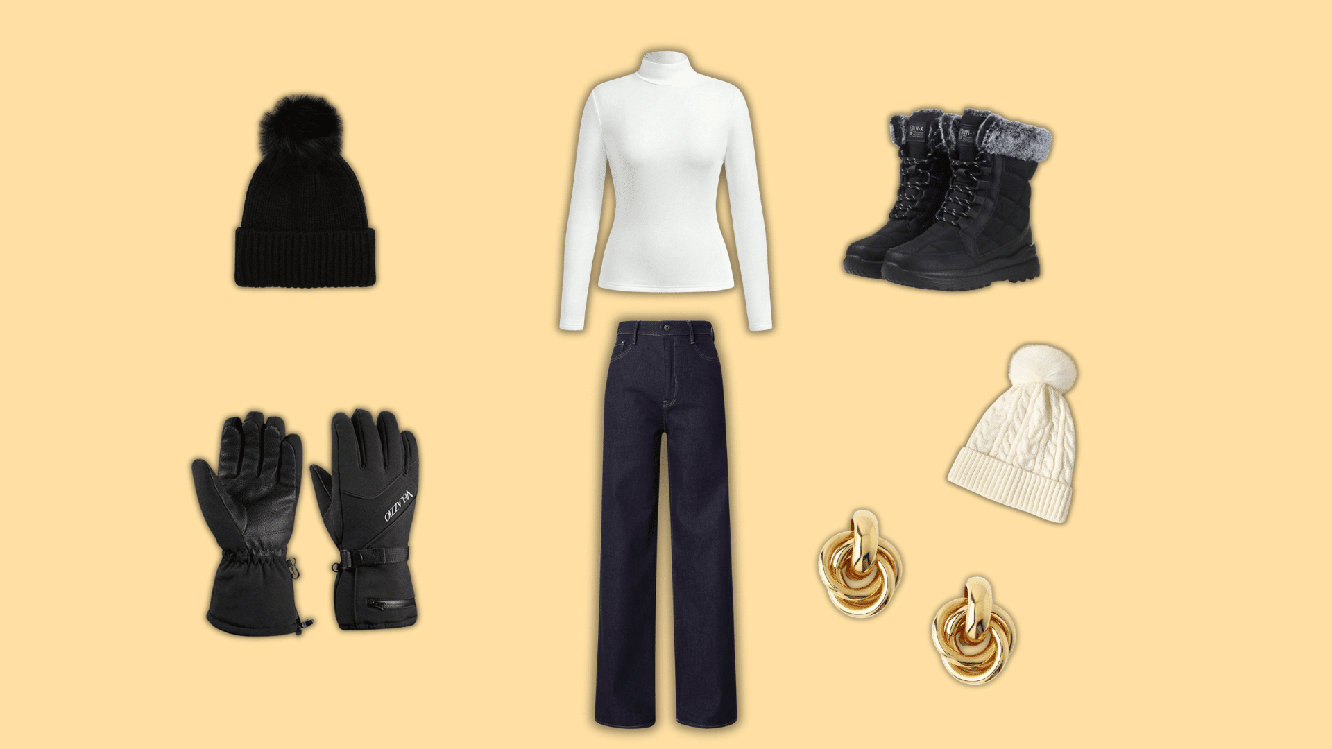 white turtleneck with dark jeans winter boots gloves and knit hats outfit