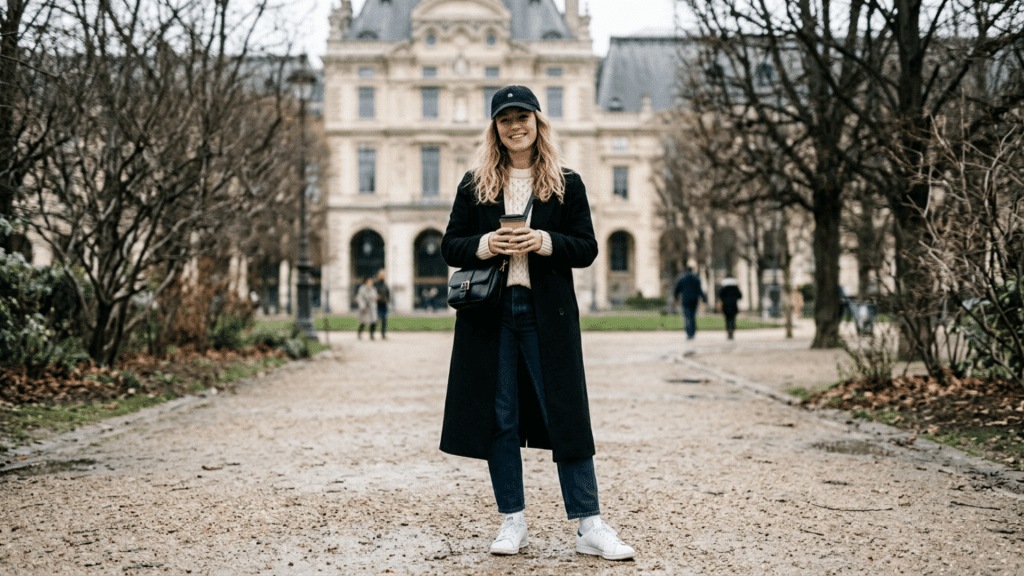 woman wearing a long black wool coat, black baseball cap, and white sneakers standing on a park path for a winter street style outfit