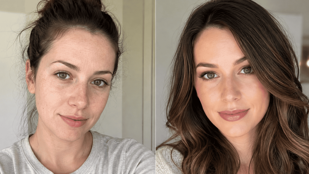 side-by-side glow-up transformation showing a woman with a natural look and a polished hairstyle and makeup look