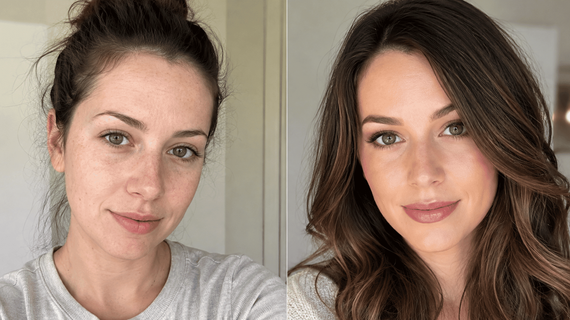 side-by-side glow-up transformation showing a woman with a natural look and a polished hairstyle and makeup look