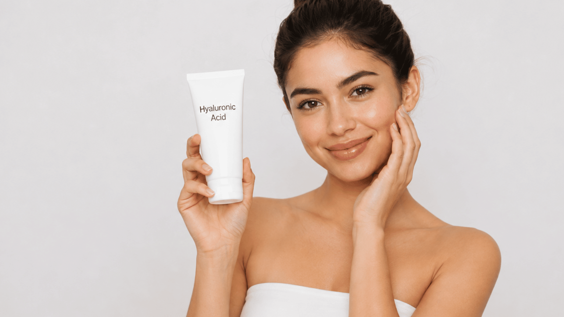 woman holding a white hyaluronic acid skincare tube while gently touching her cheek against a clean background