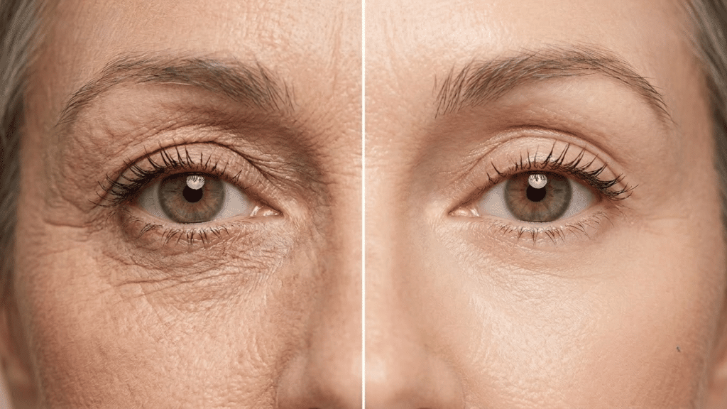 before and after close-up of under-eye skin showing reduction in wrinkles