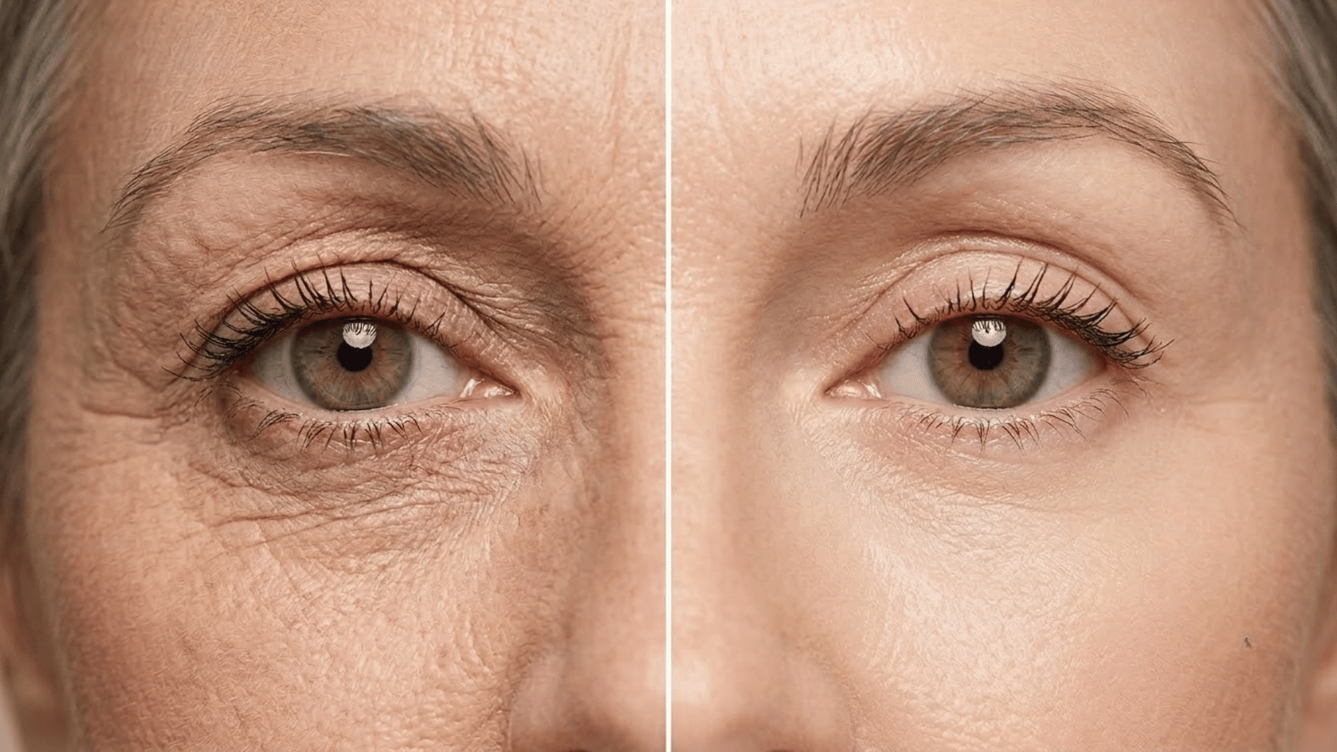 before and after close-up of under-eye skin showing reduction in wrinkles