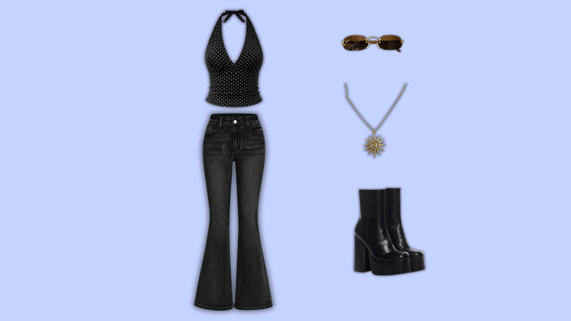 black flare jeans with halter top boots accessories